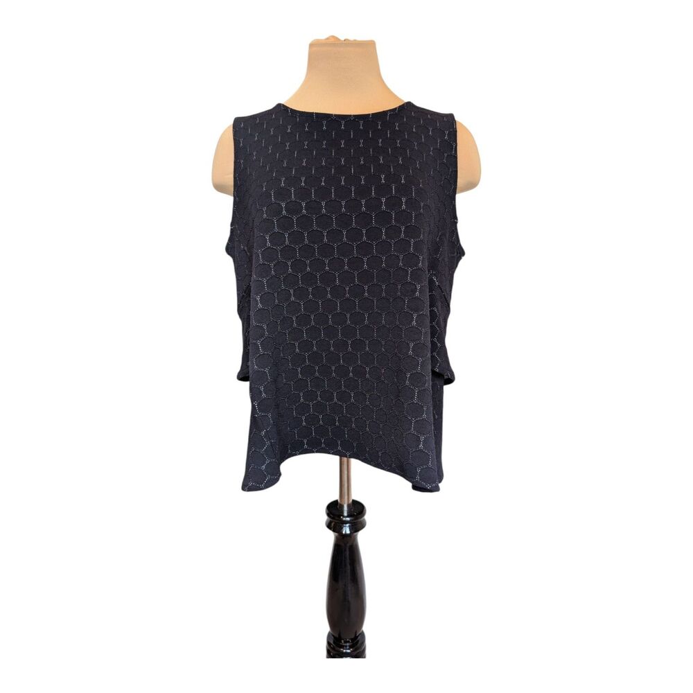 Ann Taylor Navy Blue Eyelet  Sleeveless Peplum Blouse Shirt Size Medium Ruffles